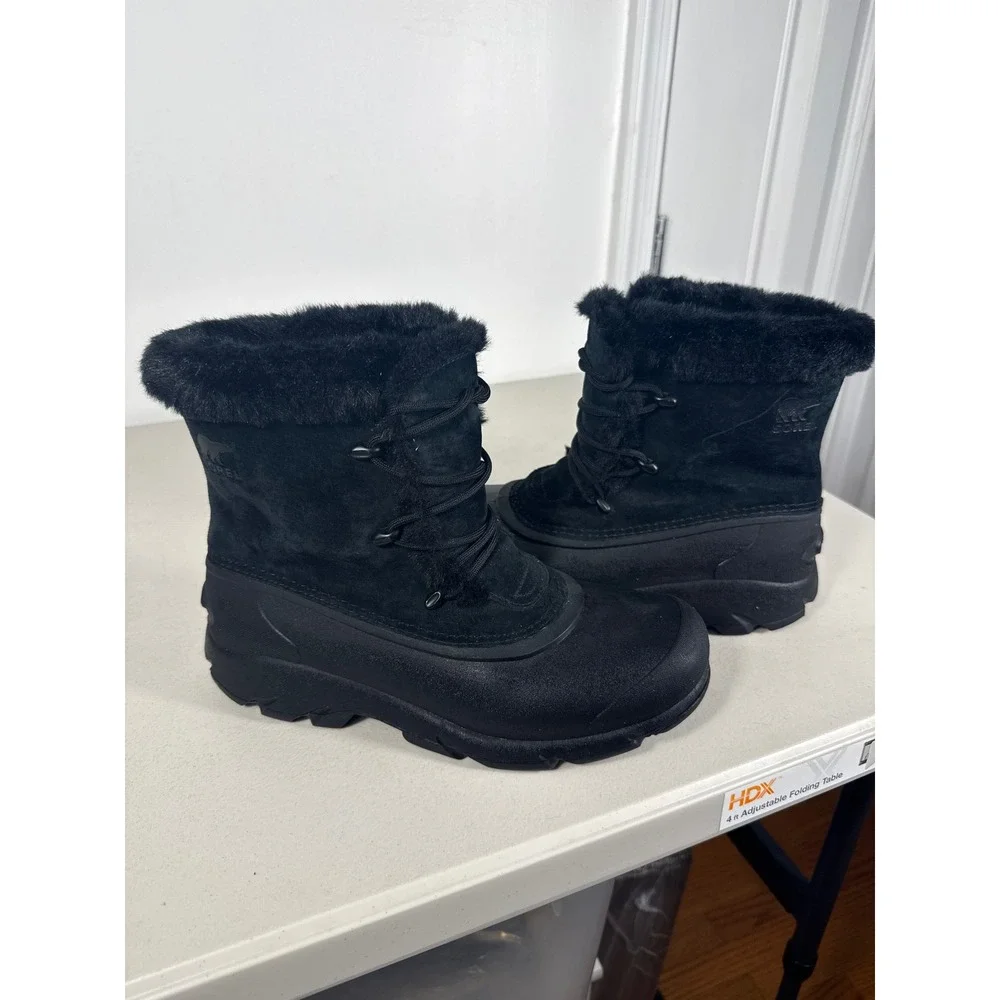 Sorel Womens Black Suede Faux Fur Trim Waterproof Winter Snow Boots Lace Up Sz 8
